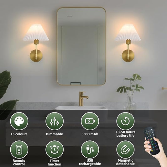 Battery Operated Wall Sconces Set of 2, Gold Rechargeable Wall Lights with Remote, Dimmable Wall Lamp with Pleated Shade,15 Colors Wireless Bathroom Wall Sconce for Bedroom Living Room Hallway