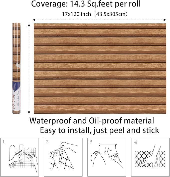 Arthome 17''x120'' Wood Slat Wallpaper, Peel and Stick Self Adhesive Wood Wallpaper PVC Vinyl Decorative Removable Wallpaper Waterproof Faux Wood Grating Stripe Contact Paper for Living Room Bedroom