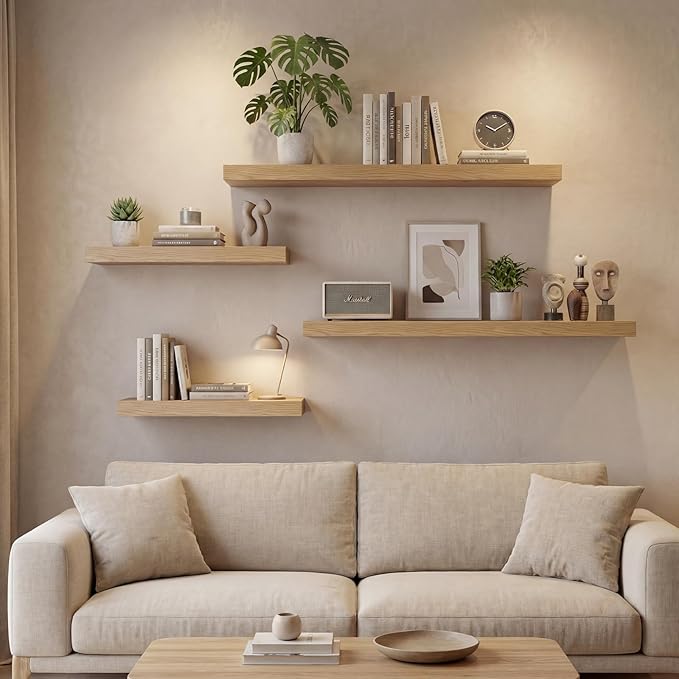 INHABIT UNION Oak Floating Shelves Set of 2,35.43in Wall Mounted Display Ledge Shelves for Bedroom, Bathroom, Living Room and Kitchen Decoration Storage