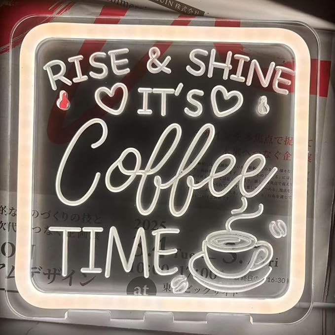 CoffeeBar Sign,Rise & Shine It's Coffee Time Sign,CoffeeBar Decorations Transport Plaque with Stand Gifts for Home Kitchen Tabletop Decor