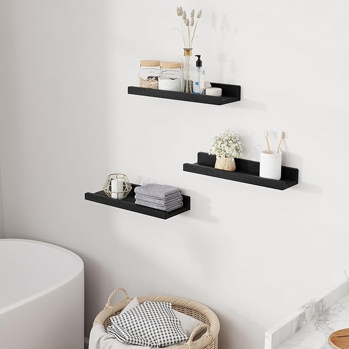 Floating Shelves for Wall, 16 inch Solid Wood Picture Ledge Shelf for Wall Storage, Nursery Book Shelves with Lip for Living Room Bathroom Bedroom Kitchen, Set of 3, Distressed Black