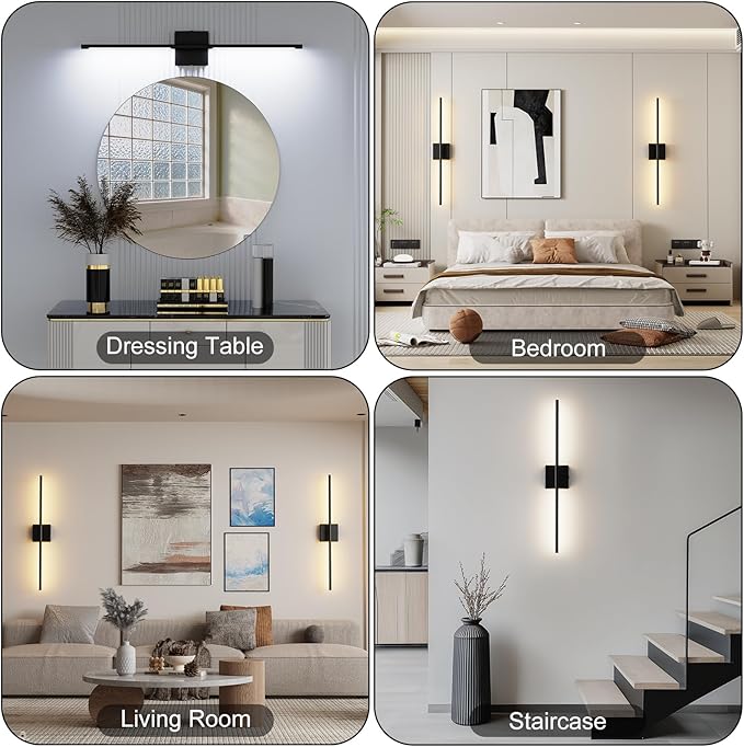 Shineled Wall Sconces Set of 2, 29'' Battery Wall Sconce with Remote Control, 350° Black Rotatable Dimmable Wall Lamp, Wireless Wall Lights for Bedroom, Living Room