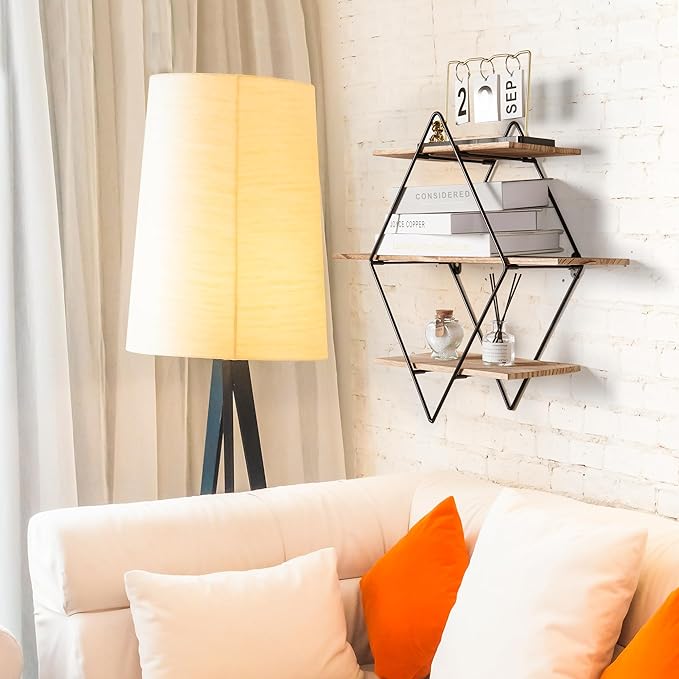 Modern Wooden Floating Wall Shelf Decor for Wall Storage – Geometric Design Decorative Wall Mount 3-Tier Hanging Shelf Plant Display for Bedroom, Living Room, Bathroom, Kitchen