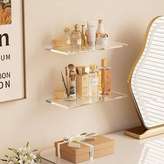 Acrylic Floating Shelves with Solid Wood Base, Wall Mounted Shelf for Plants, Perfume, Nail Polish, Bathroom, Bedroom & Living Room Décor