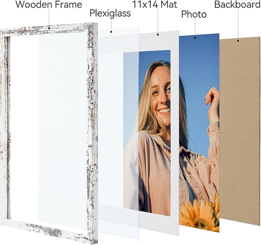 Vittanly 12x16 Picture Frames Set of 4, Display Pictures 11x14 with Mat or 12x16 without Mat, Gallery Frame for Wall, Engineered Wood with Shatter Resistant Plexiglass, Distressed White