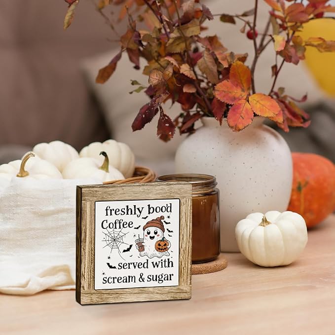 Halloween Coffee Decor, Fall Decors Art, Funny Wooden Box Sign for Home Kitchen Decor, Freshly Boo'd Coffee Sign, Coffees Bar Decoration for Desk Table, Funny Ghost Decors 5.9x5.9 inches