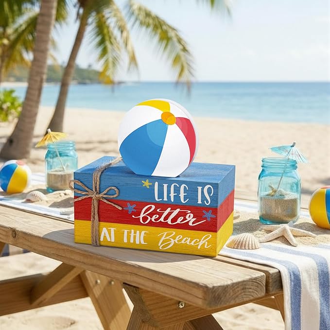 Geelin 4 Pcs Summer Beach Wooden Book Stack Signs, Life is Better at The Beach Tiered Tray Decor, Coastal Nautical Table Shelf Centerpiece for Home Kitchen Living Room House Decorations