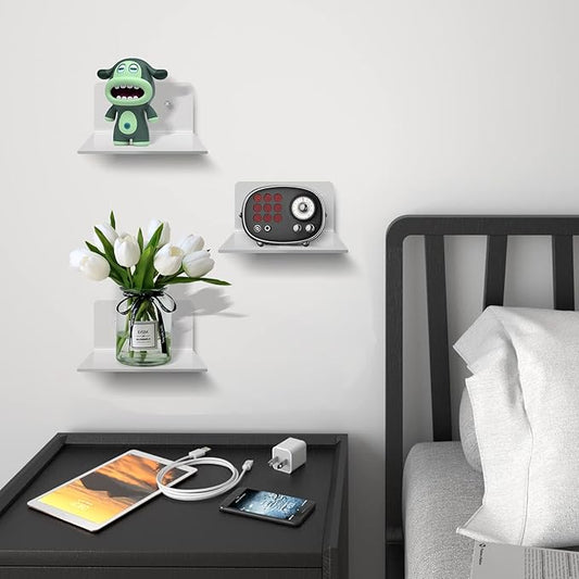 3 Pack Small Floating Shelves for Wall, 4'' Acrylic Mini Wall Shelf for Bedroom, Bathroom, Living Room, Office (2 Types of Installation)