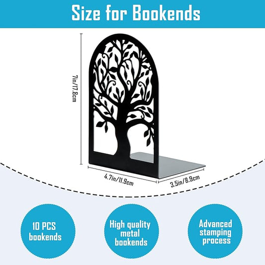 HappyHapi Book Ends, Metal Bookends for Shelves, Modern Tree Book Ends Decorative, Heavy Duty Book Holders Book Stoppers for Home Office Decor, 6.9"x4.7"x3.5" (5 Pairs/10 Pcs)