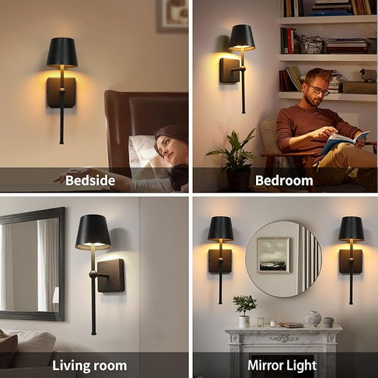 Battery Operated Wall Sconce Rechargeable Wireless Cordless Wall lamp Decor Set of one Black for Bedroom Living Room Bedside