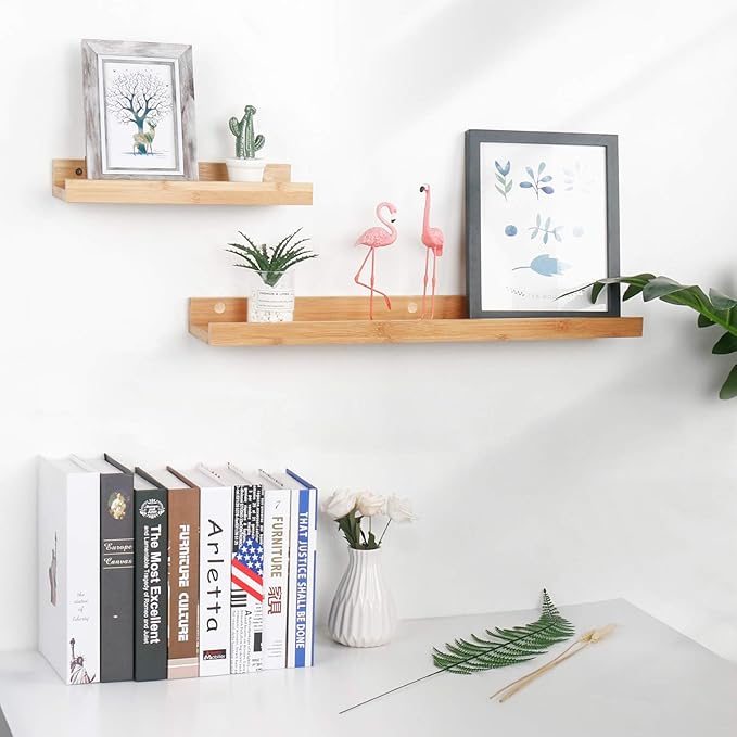 Natural Bamboo Floating Shelves Rustic Wood Wall Shelves Wooden Wall Storage Organizer Home Decor Living Room Kitchen Bedroom (Natural, 13.8 in)