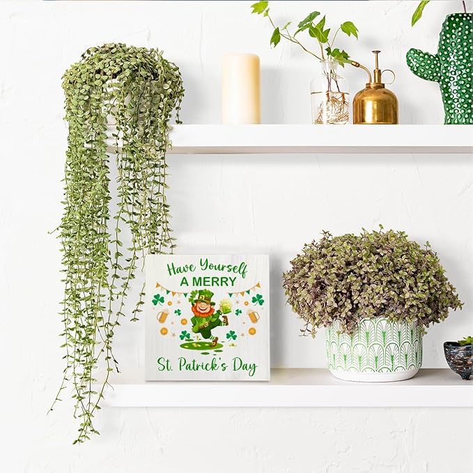 Have Yourself A MERRY St. Patrick's Day Wooden Box Sign, Green Lucky Clover Little Elf Gold Coins Desk Decorate, Spring Decor, Home Desk Shelf Decor 5.1 x 5.1 Inches