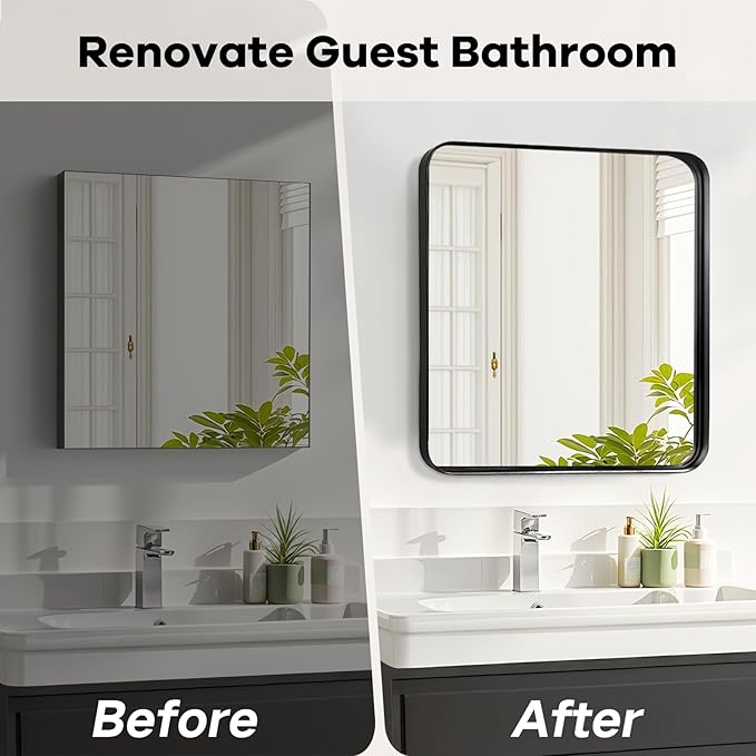 28x28 Inch Black Bathroom Mirror - Metal Framed Square Mirror for Bathroom Over Sink, Matte Wall Mirrors for Restroom, Bedroom, Entryway, High-Definition