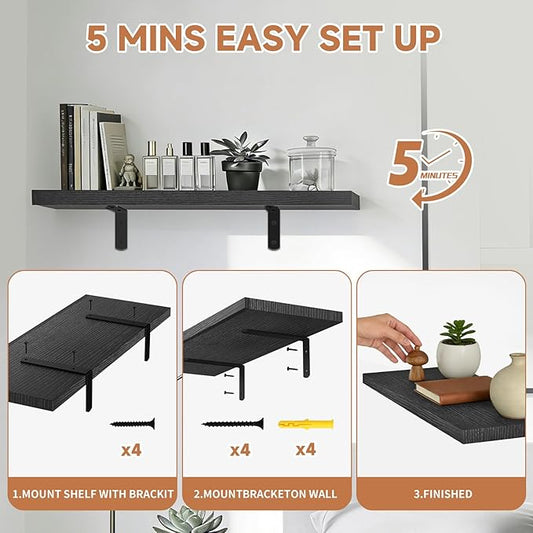 LifetimeWarranty Wall Shelves With Brackets,NOT Floating Easy Install 15.7Inch Solid Wood Shelf 3PCS,Ledge Storage Shelf for Bathroom Living Room Bedroom Kitchen,Wall Organizer for Book Home Decor