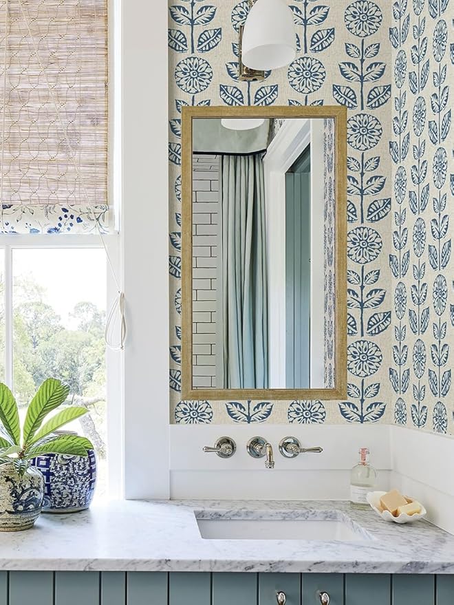 Wudnaye Blue Floral Peel and Stick Wallpaper Blue and White Contact Paper 17.7in×196.8in Vintage Floral Self Adhesive Wallpaper Navy Removable Tulip Wall Paper Waterproof for Bathroom Farmhouse Decor