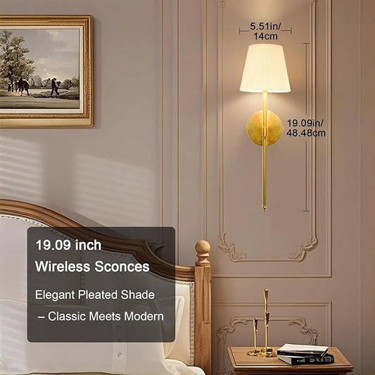 10,000mAh Rechargeable Battery Operated Wall Lights with Fabric Shade, Wireless Sconces with Remote and Touch Control, Dimmable 3 Color Temperature for Bedroom Living Room Hallway,Gold 2PCS