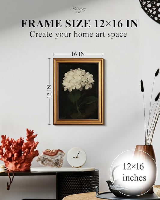 HUARCEY Gold Framed Vintage Wall Art for Living Room, Flowers Painting Canvas Prints Shelf Decor for Kitchen, Aesthetic Bedroom Wall Art, Christmas Gifts for Friends Family (White Hydrangea 12"x16")
