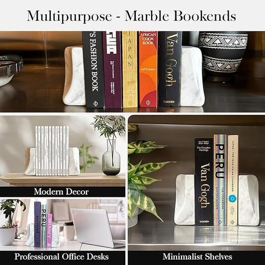 USIA White Marble Bookends - Heavy Duty 9.8 lbs Stone Book Ends for Shelves, Modern Decorative Book Holder Set of 2 - Premium Handmade Marble Book Ends for Office, Library, or Home Decor