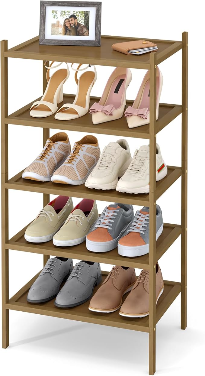 Smiry Bamboo Small Shoe Rack, 5 Tier Shoe Organizer for Entryway & Closet, Stackable Free Standing Storage Shelf for Shoes, Bags & Plants, Walnut