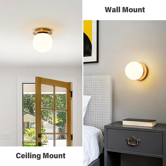 Modern Globe Brass Wall Sconce: 6" Gold Mid Century Modern Indoor Wall Mounted Lamp - Small Minimalist Frosted White Glass Bathroom Sconces - Ball Vanity Light for Bedroom Living Room Hallway Entryway