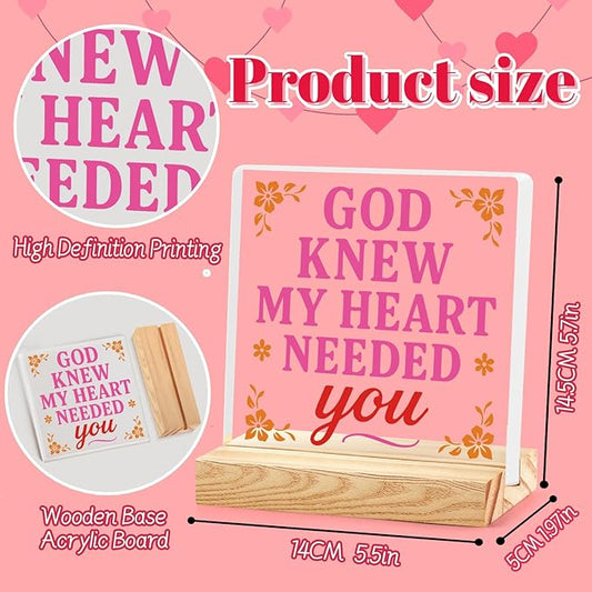 Valentines Desk Decor, Happy Valentine's Day Home Office Table Sign for Porch Tiered Tray Shelf Party, Rustic Romantic Acrylic Gifts Decorations for Him Her Wife, God Knew My Heart Needed You