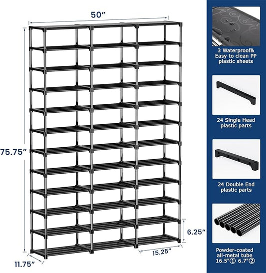 Mavivegue 3 Row 12 Tiers Shoe Rack, Large Storage Space, Metal Shoe Rack Organizer for Entryway, Closet, Bedroom, Garage,Black