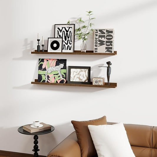 Fun Memories Picture Ledge Shelf, Pine Wood Floating Shelves Set of 2, 48 inch Nursery Book Shelves, Photo Ledge Book Shelves Wall Mounted for Living Room Kids' Room Bedroom - Walnut
