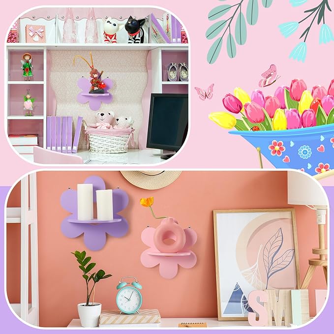 Soaoo 3 Pcs Daisy Flower Floating Shelves, Wooden Boho Daisy Plant Shelf, Wall Mounted Display Stand, Hanging Display Flower Decor for Living Room Bathroom Bedroom(Purple and Pink)