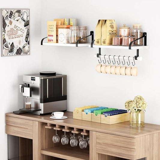Love-KANKEI Floating Shelves for Coffee Bar,Bathroom Shelves with Wood Bar, Wall Shelves with 8 Hooks for Kitchen, 17.3 Inch Storage Shelves Set of 2 for Bedroom,Living Room,White