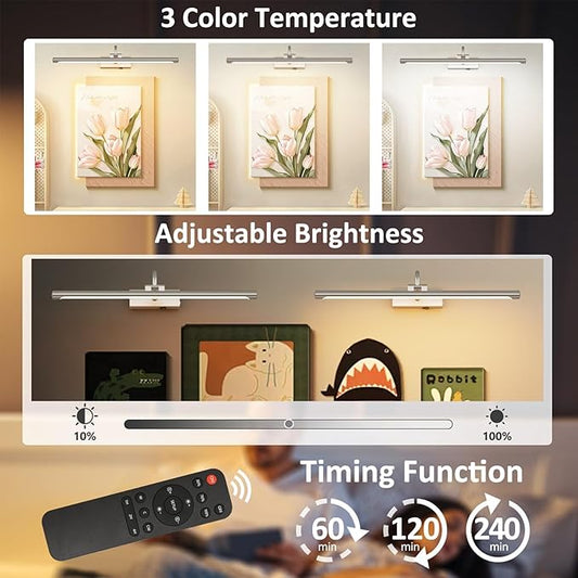 Aipsun 23.6" Brushed Nickel Picture Lights for Wall Rechargeable,12000mAh LED Battery Operated Art Light for Paintings,3CCT Dimmable, Rotatable Gallery Light for Pictures Display