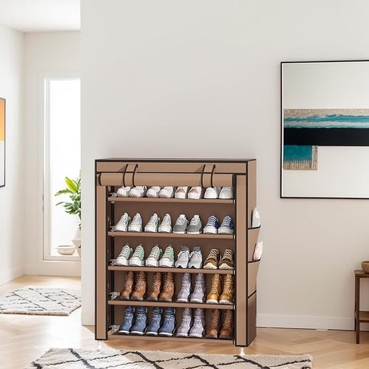 Laiensia 5-Tier Vertical Shoe Rack Organizer, Space Saving Shoe Storage Organizer, Non-Woven Cover Shoe Shelf Holds 20-25Pairs for Bedroom, Hallway, Closet Entryway, Brown