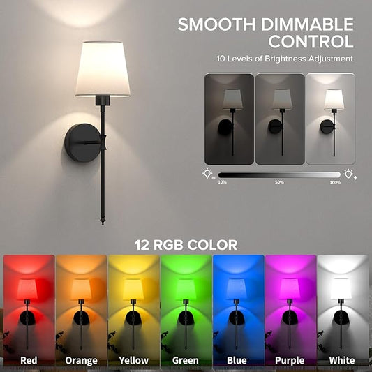 Battery Operated Wall Sconce Lights Set of Two, Rechargeable Powered Wall Lamp with RGB Bulbs, Wireless Decor Wall Sconces with Dimmable Remote Control, for Bedroom Living Room (Black)