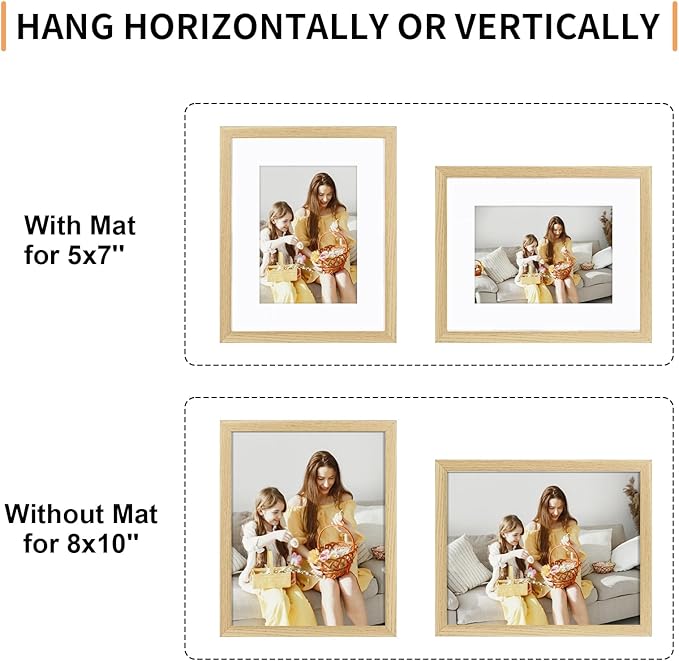 ATOBART 8x10 Picture Frame Set of 4, Displays 5x7 with Mat or 8x10 Without Mat, Photo Frames for Wall Hanging or Tabletop, Includes HD Plexiglass, Natural Wood Grain