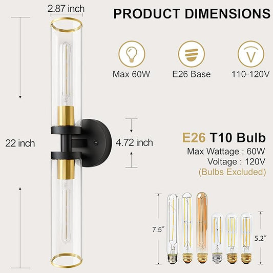 Wall Sconces Set of Two, Black and Gold Bathroom Wall Sconces with Clear Glass,Hardwired Modern Sconces Wall Decor Set of 2 Wall Light for Bathroom Mirror Bedroom Living Room Hallway Vanity