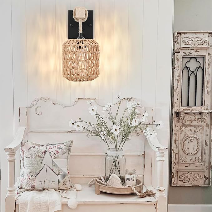 Rattan Boho Wall Sconce, Hardwired Hand-Woven Farmhouse Wall Lamps with Wooden Arm & On/Off Dimmable Switch,Large Rustic Indoor Wall Mount Light Fixtures for Bedroom Nursery Bathroom, 1 Pack