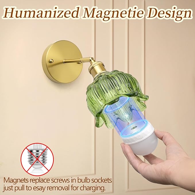 Vintage Battery Wall Sconce with Flower lampshade,Rechargeable Battery Powered Wall Lights,Wall lamp with 15 Colors for Bedroom Living Room Home Decor (Flower Green, 1 Light Battery Operated)