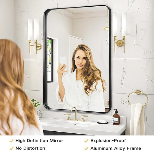 Bathroom Mirror Over Sink - 24x36 Inch Black Rectangle Framed Matte Mirror for Bathroom, Rectangular Alumium Frame Mirrors Wall Mounted for Restroom, Farmhouse, Entryway, Hallway