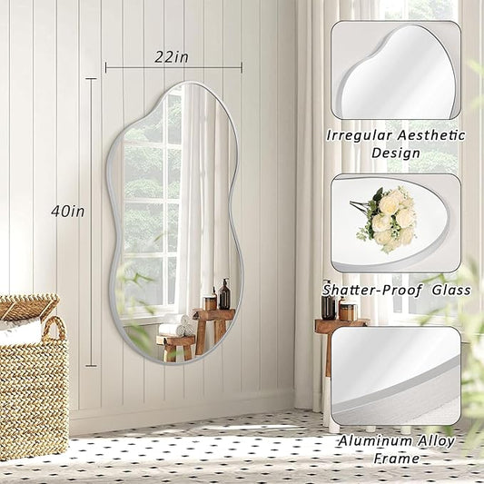 JJUUYOU Bathroom Wall Mirror Irregular Mirrors for Wall Large Brushed Metal Frame 22"x40" Vanity Wall Mounted Mirror for Living Room Bedroom Entryway Vanity Home Decor Silver