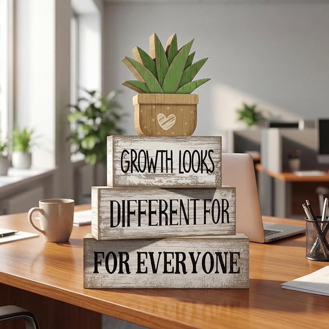 4 Pcs Inspirational Farmhouse Table Decor Growth Looks Different for Everyone Rustic Stacked Wooden Block Signs with Inspirational Quote Artificial Succulent for Home, Office, Shelf Gift