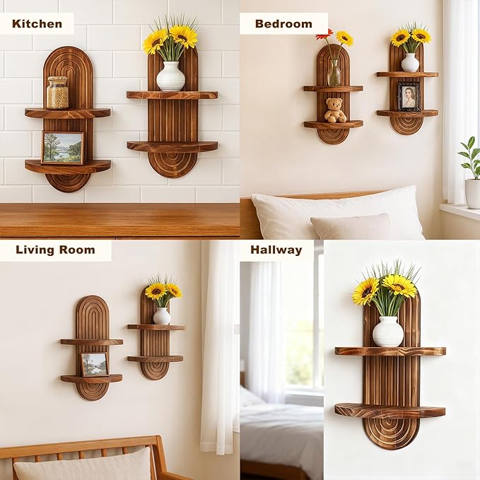 Artilady 2 Pack Wood Wall Hanging Shelves Boho Floating Shelf 2 Tier Handmade Rainbow Arch Vintage Wooden Wall Decor Trinket Storage Rack for Bedroom Living Room Nursery Bathroom