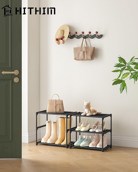 3 Tiers Small Shoe Rack,Narrow Stackable Shoe Shelf Organizer,Sturdy Shoe Stand, Non-Woven Fabric Metal Shoe Racks for Entryway, Doorway and Bedroom Closet
