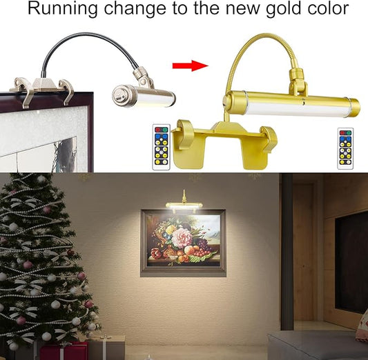 LUXSWAY Wireless Picture Frame Led Lighting,Rechargeable Art Display Lighting Clip on Pictures,Over Painting Lights with Remote,Artwork Lamp with Flexible Neck,28 LEDs 3 Lighting Modes 200LM-Gold