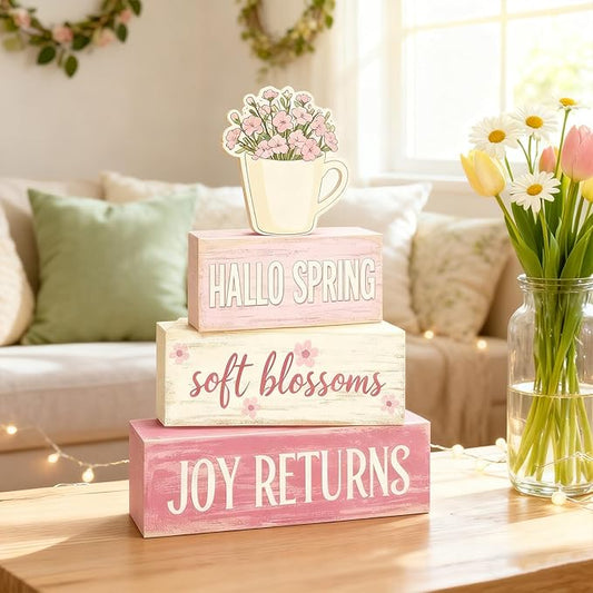 Spring Decoration Wooden Tiered Tray Decor – Rustic Hallo Spring Stacked Block Sign with Flower Cup Topper – Farmhouse Tabletop Spring Decor for Living Room Shelf Kitchen Coffee Bar Seasonal Home Display