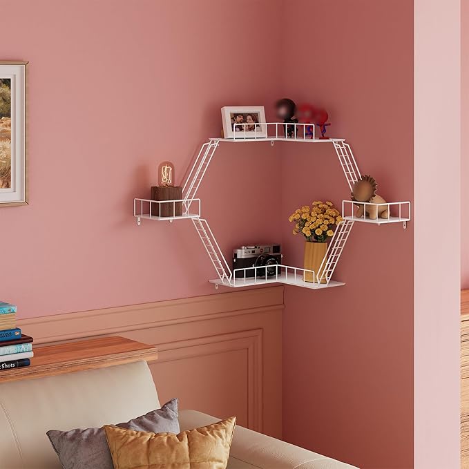 Fire Escape Wall Shelf - New York Fire Escape Shelf, Knick Knack Shelf for Figures, 3-Tier Corner Floating Shelves, Metal Decorative Display Shelves, White Wall Shelves for Bedroom&Home Decor