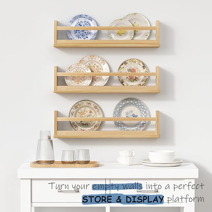 Natural Wood Wall Bookshelf for Kids Bedroom Set of 3, 24 Inch Wooden Floating Nursery Book Shelves for Baby Boy Girl Room, Wall Mounted Toddler Book Shelf for Toy Organizers and Storage