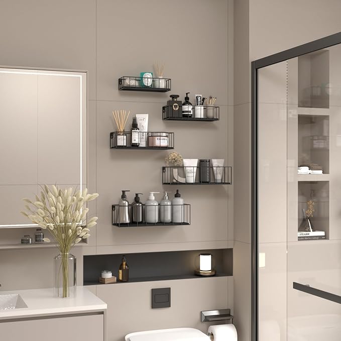 CRUGLA Black Floating Shelves Wall Mounted Set of 5, Hanging Wall Shelf with Rail for Bathroom, Bedroom, Living Room, Kitchen