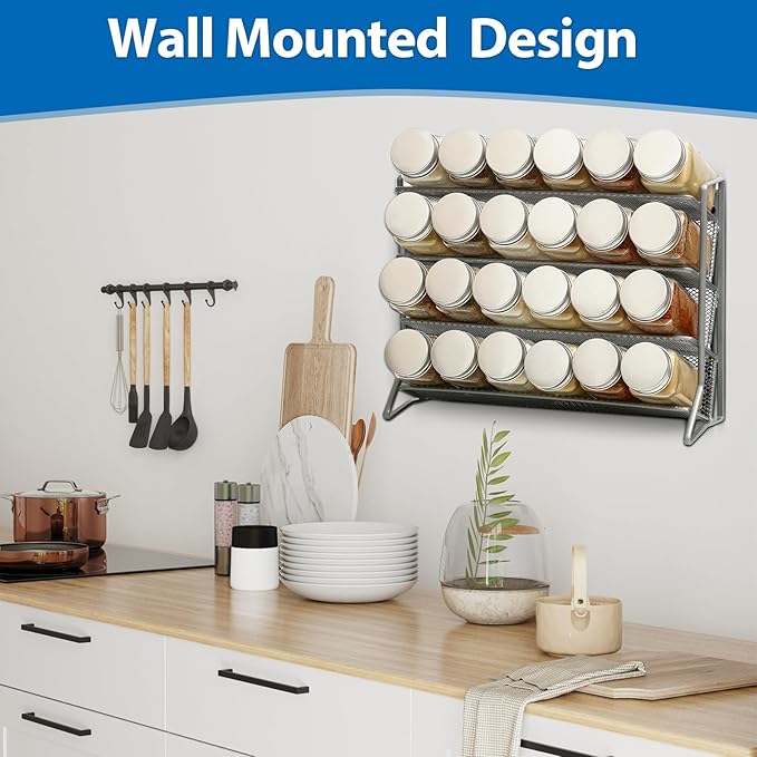 1PCS 4Tier Spice Rack for Counter Free Standing,Spice Rack for Inside Cupboard Hanging Wall Mounted Spice Seasoning Organiser Spice Jars Bottle Organizer for Kitchen Pantry(Silver)