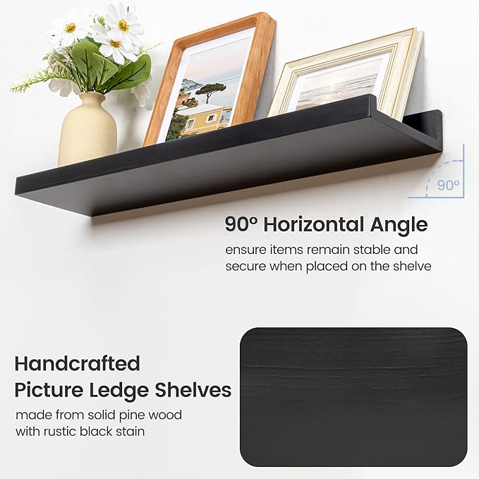 Picture Ledge Wall Shelves 16 inches Width Set of 3, Solid Pine Wood Rustic Floating Ledge Shelves for Wall for Kids' Room Bedroom Kitchen Bathroom Living Room Nursery Display Decor, Black