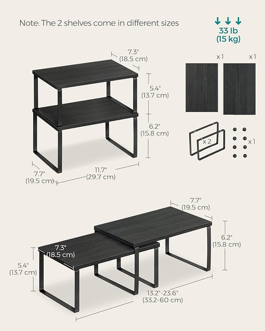 SONGMICS Cabinet Organizer Shelf, Set of 4 Kitchen Counter Shelves, Kitchen Storage, Spice Rack, Stackable, Expandable, Metal and Engineered Wood, Ink Black and Ebony Black UKCS027B01
