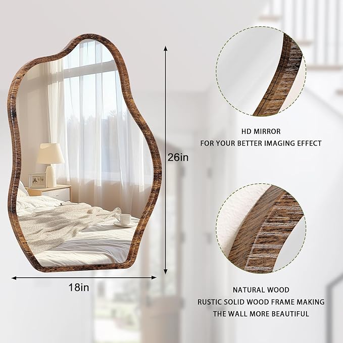 Irregular Mirror Wood Frame Modern Cloud Mirror Wall Unique Shape Asymmetrical Wall Vanity Artistic Mirrors Decor for Bedroom Living Room Bathroom Entryway Hallway Brown Large